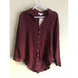 Bohme Women's Long-Sleeve Button Front Shirt Medium Burgundy Rayon Linen NWT